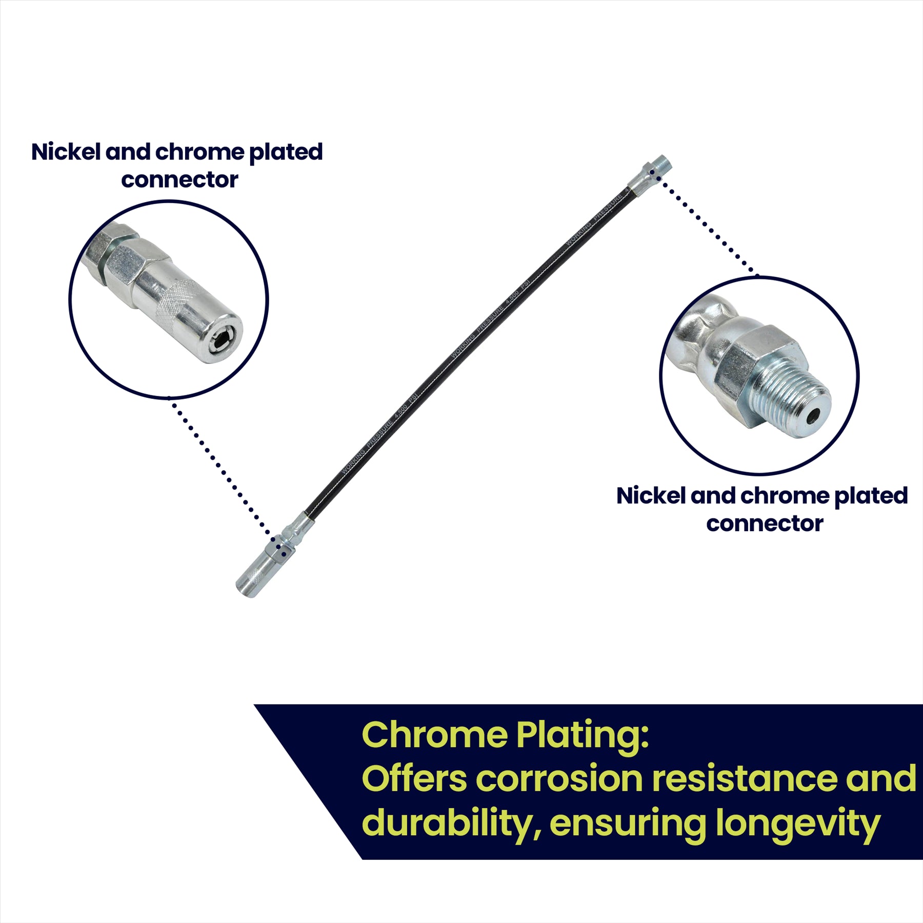 Delivery Hose Grease Gun Connector Flexible 300mm Long Chrome Plate Nozzle by Dapetz