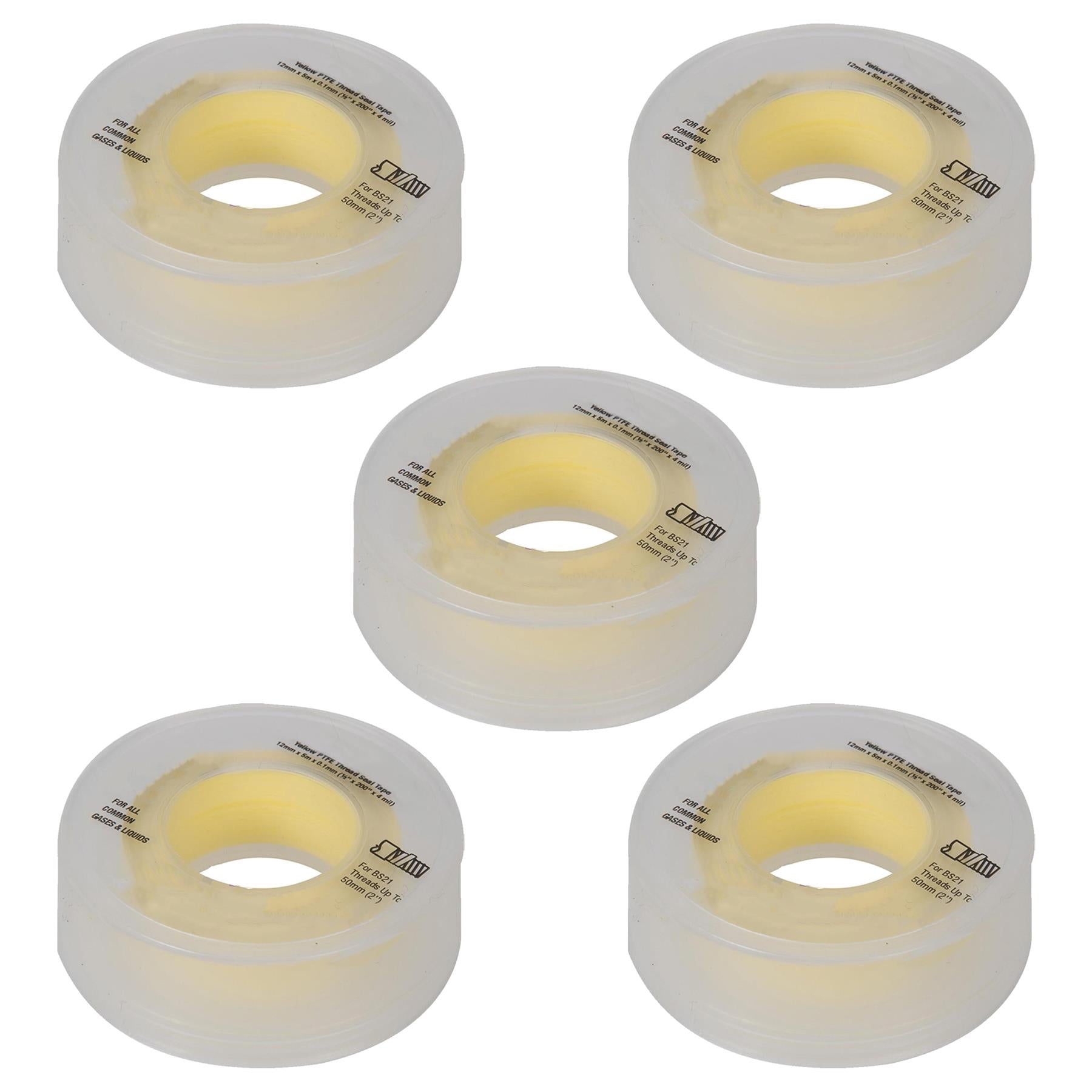 PTFE Gas Thread Seal Tape 12mm x 5m Yellow for LPG, Natural Gas Pck of 5 By Dapetz