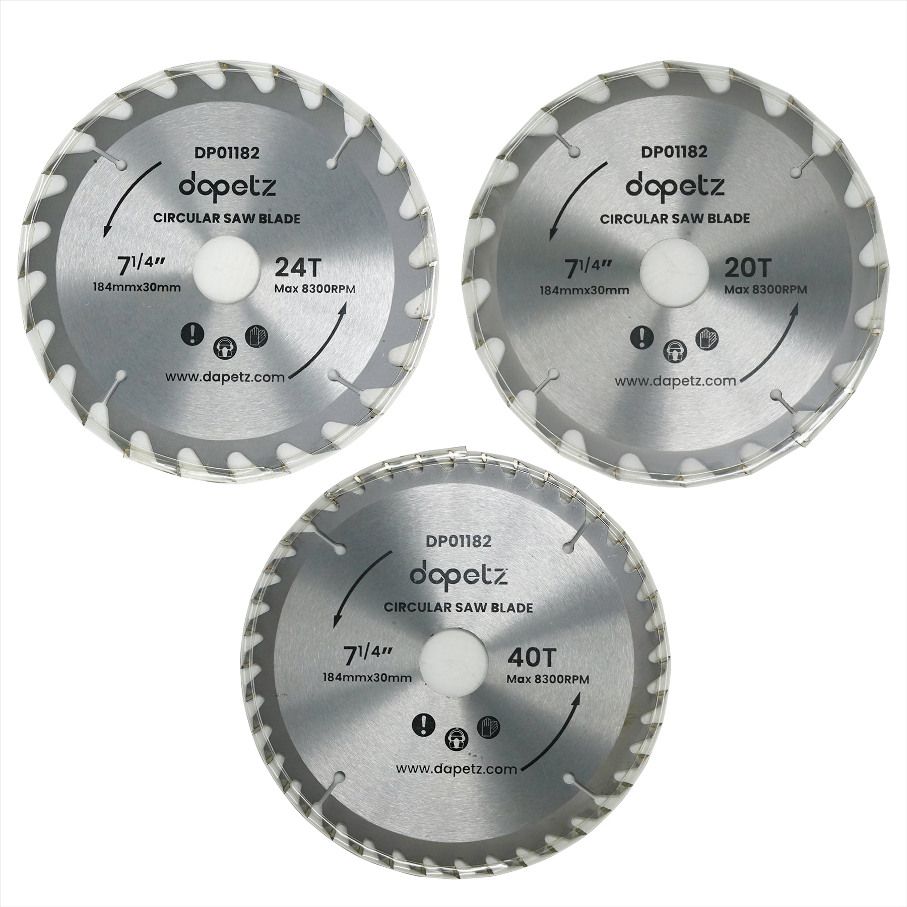 3Pc 184mm TCT Circular Saw Blades 20, 24 & 40 Teeth With Adapter O Rings 185mm