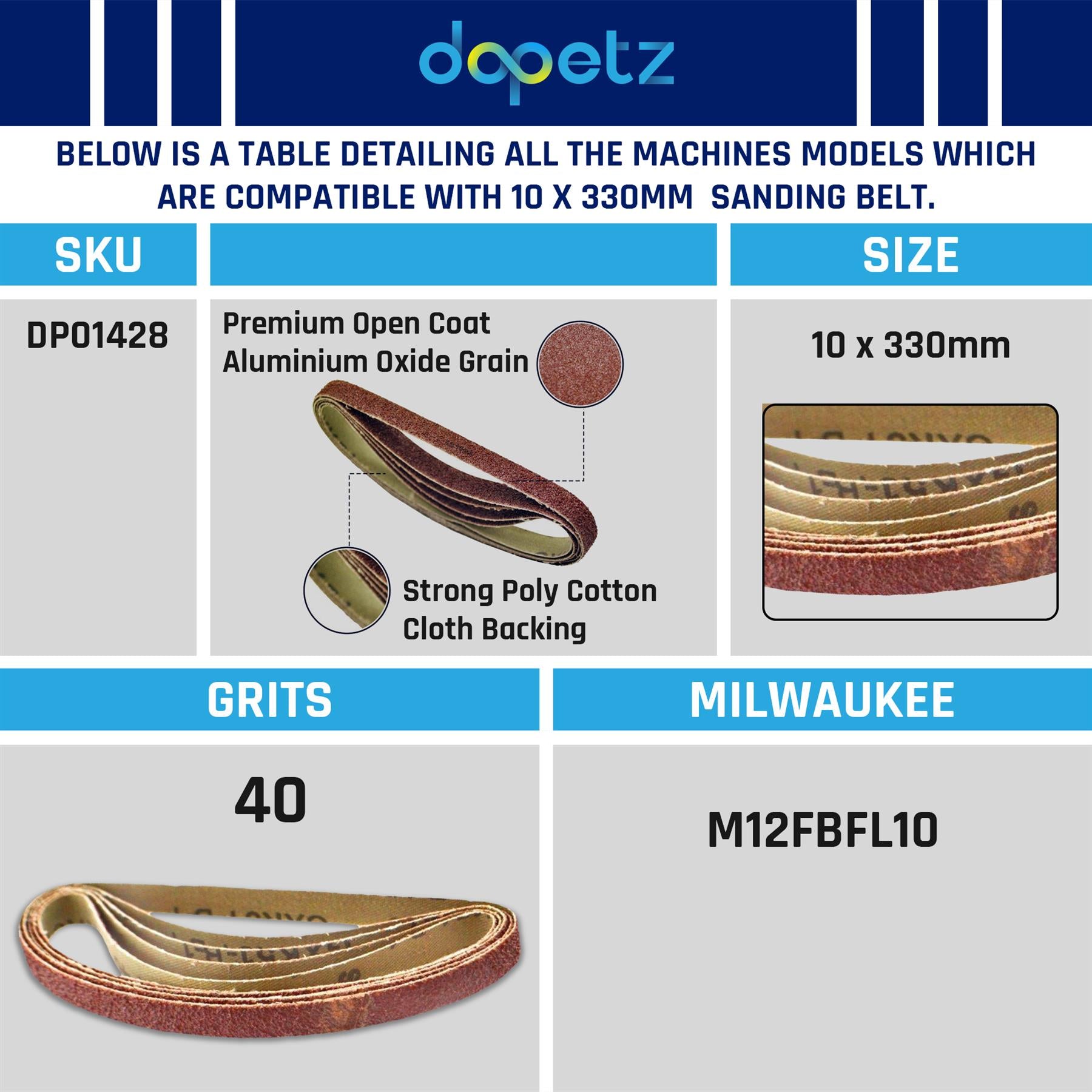 50Pcs Sanding Belts 330 x 10mm Aluminium Oxide 40 Grit For Bosch Makita Sander By Dapetz