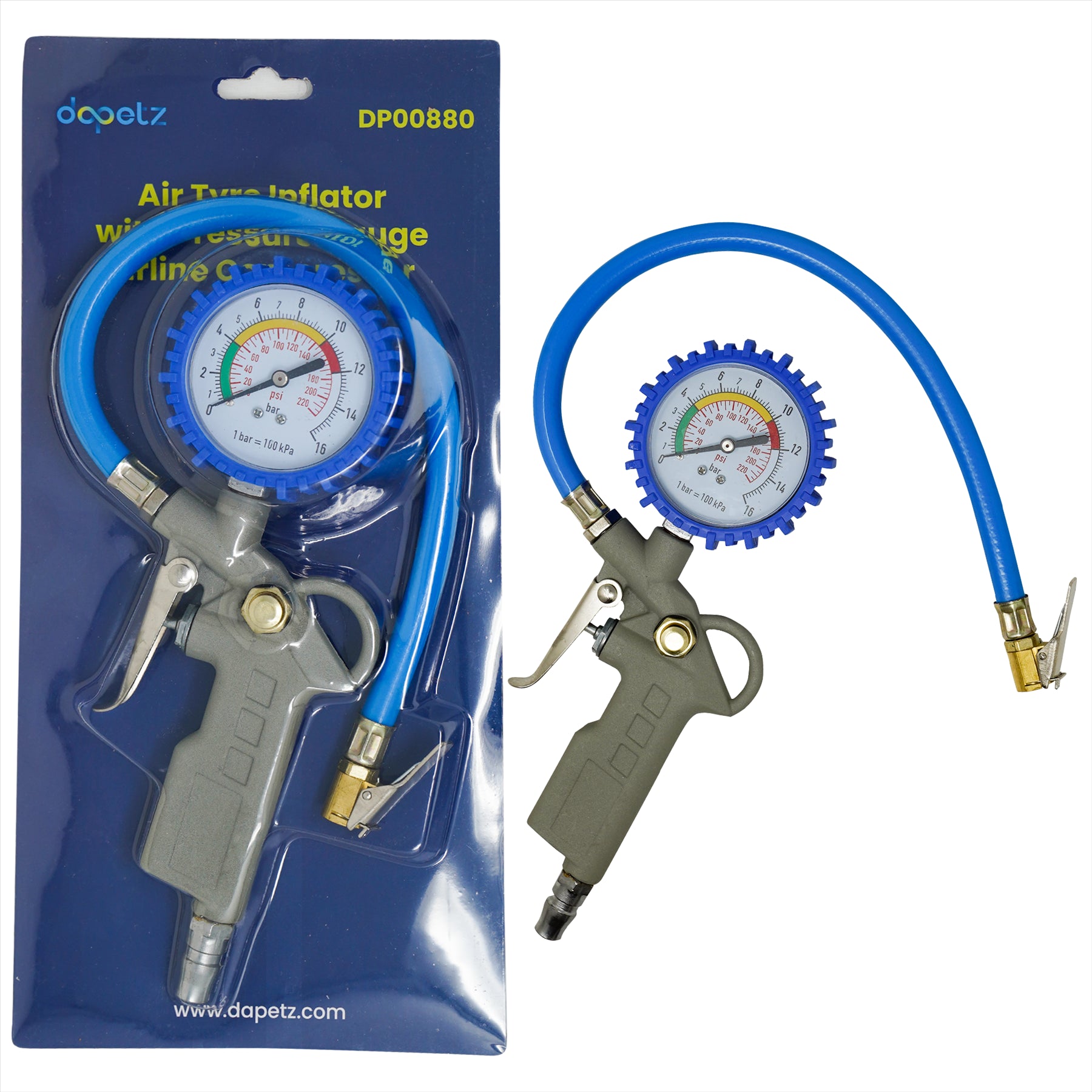 Tyre Air Inflator and Pressure Gauge Gun For Use With Air Compressor Car Van