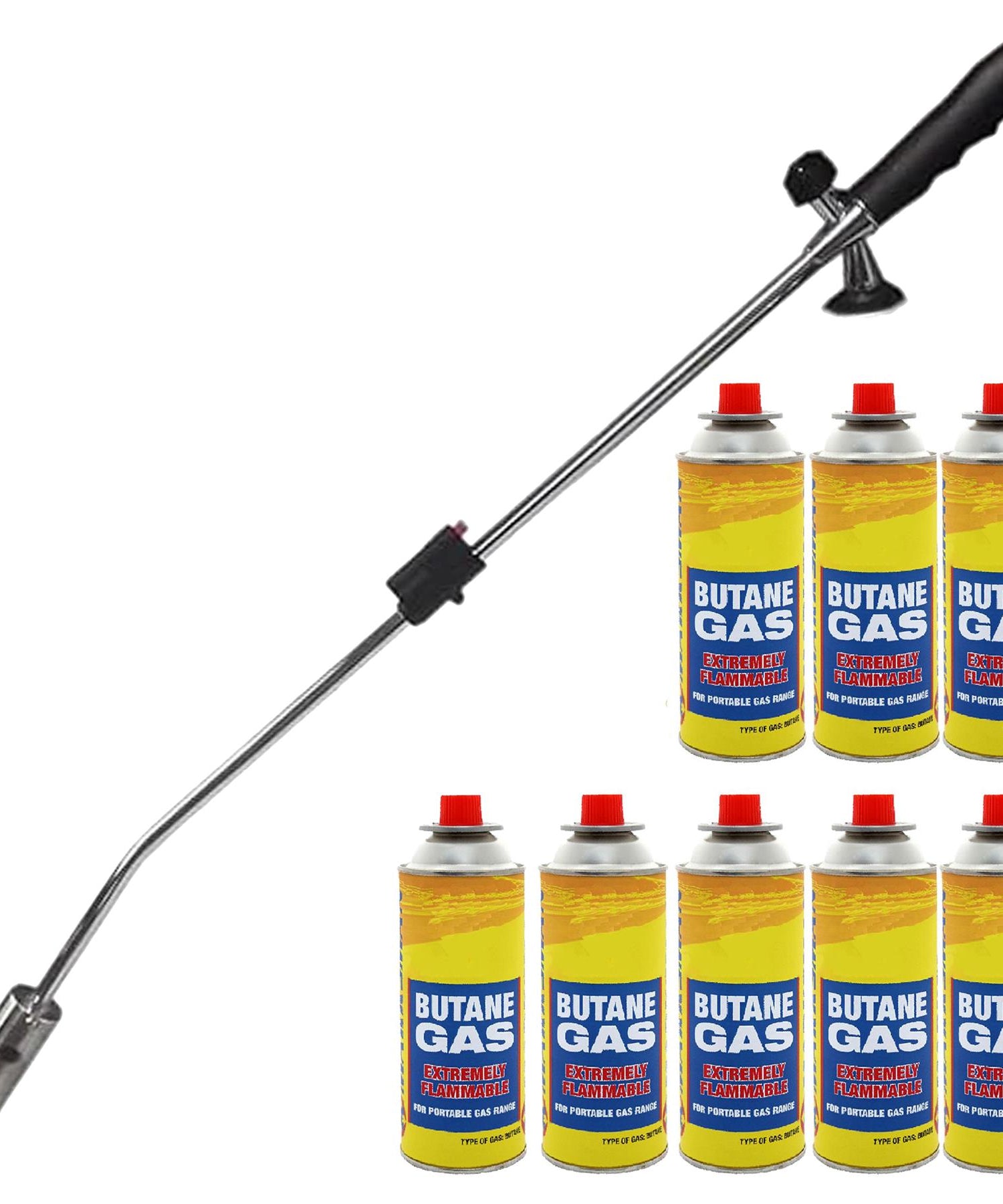Butane Wand Blowtorch For Weed Gas Burner Torch with Adjustable Flame Weeds Killer Burner Flame Thrower With 8 Gas Refills Canisters with adaptor Converts Fuel Canister Head for Long Gas Tank