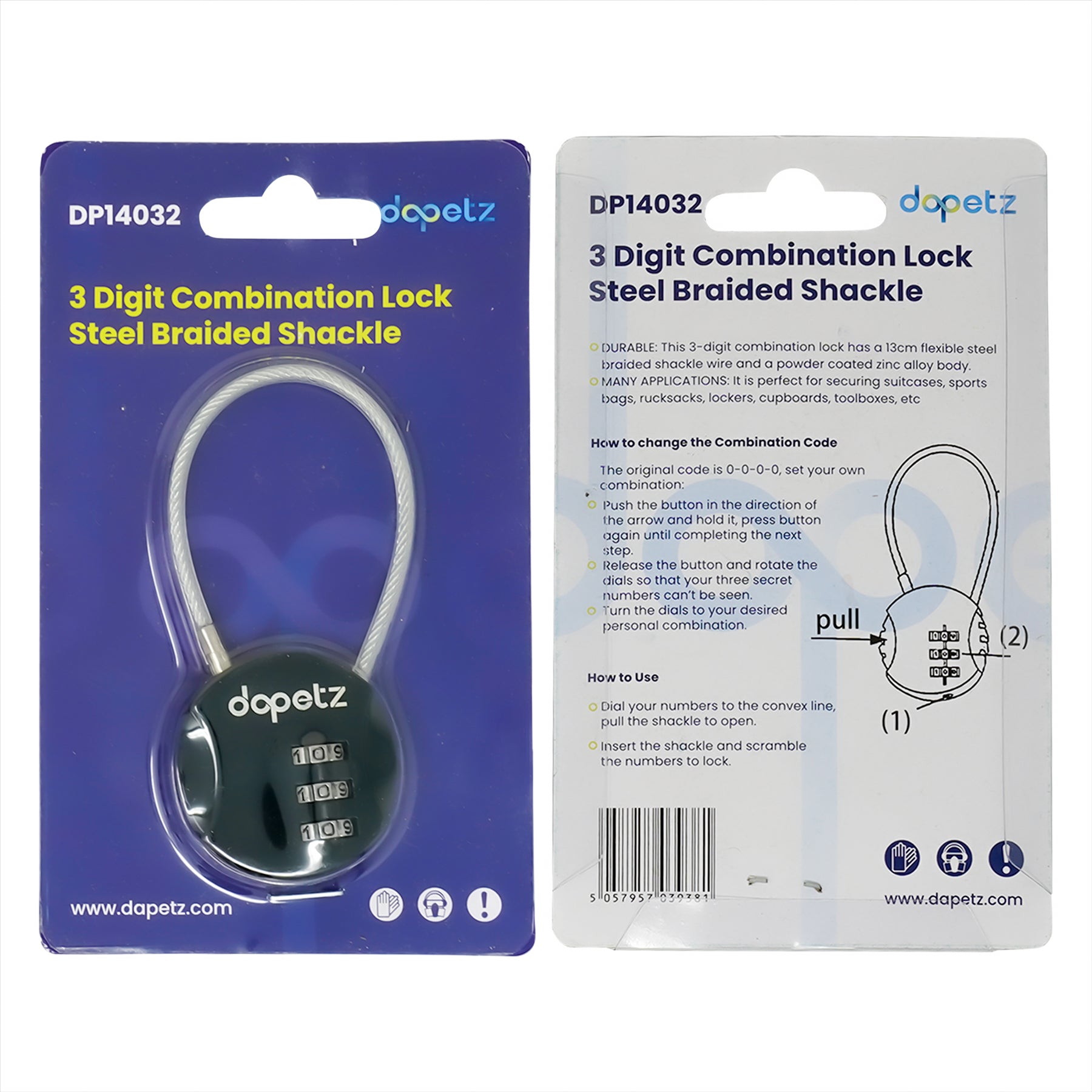 3-Digit Combination Lock | Bag, Backpack, Travel, Cycle Security Wire Padlock by Dapetz