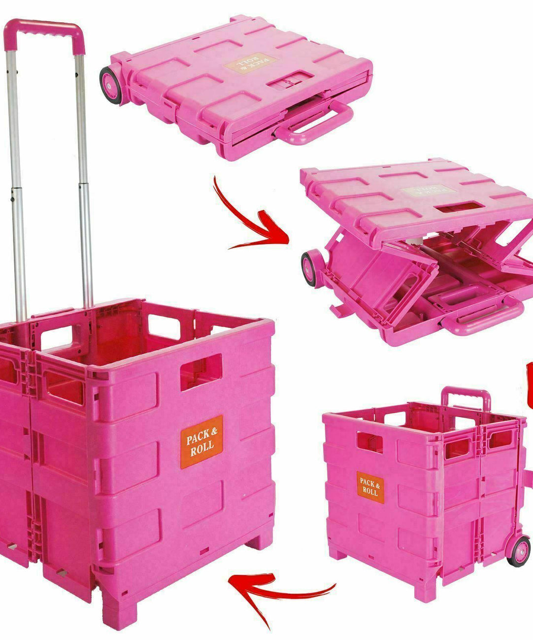 Dapetz Folding Shopping Trolley Foldable Cart Boot Fold Up Storage Box Crate 25kg Load Capacity - Pink