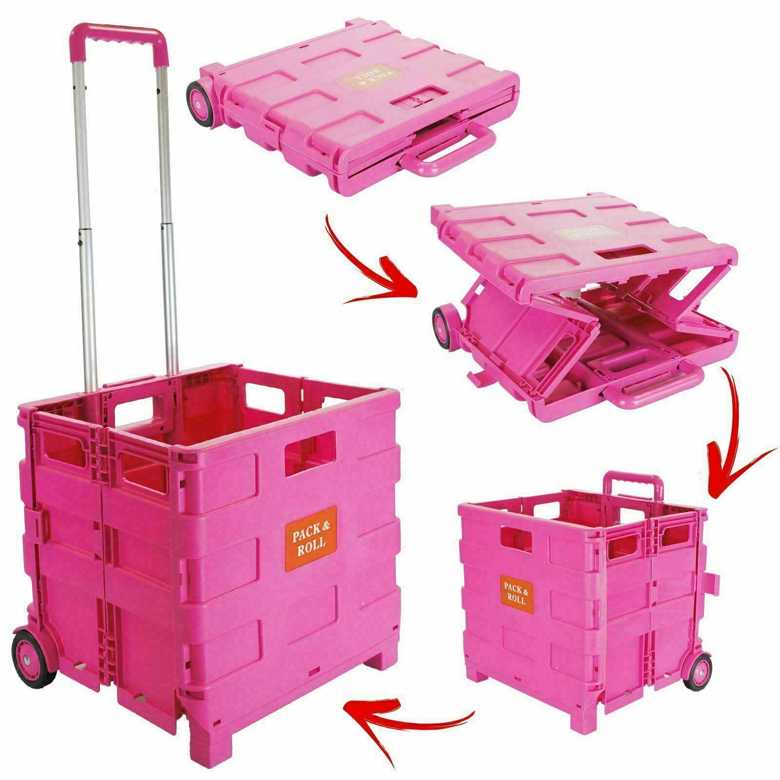 Dapetz Folding Shopping Trolley Foldable Cart Boot Fold Up Storage Box Crate 25kg Load Capacity - Pink