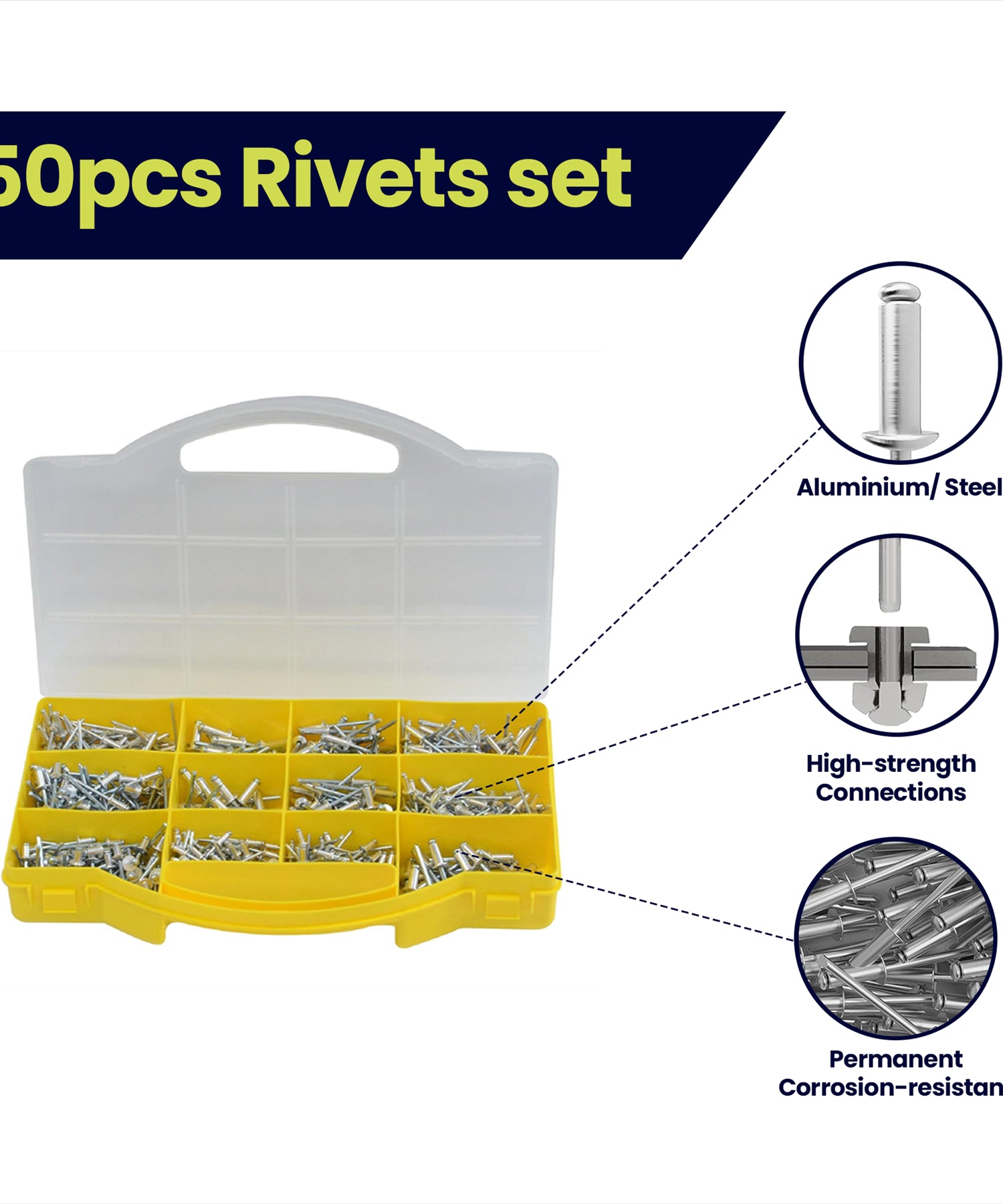 Air Hydraulic Rivet Gun Pop Riveter 3/16" 5/32" 1/8" 3/32" With 650pc Rivets