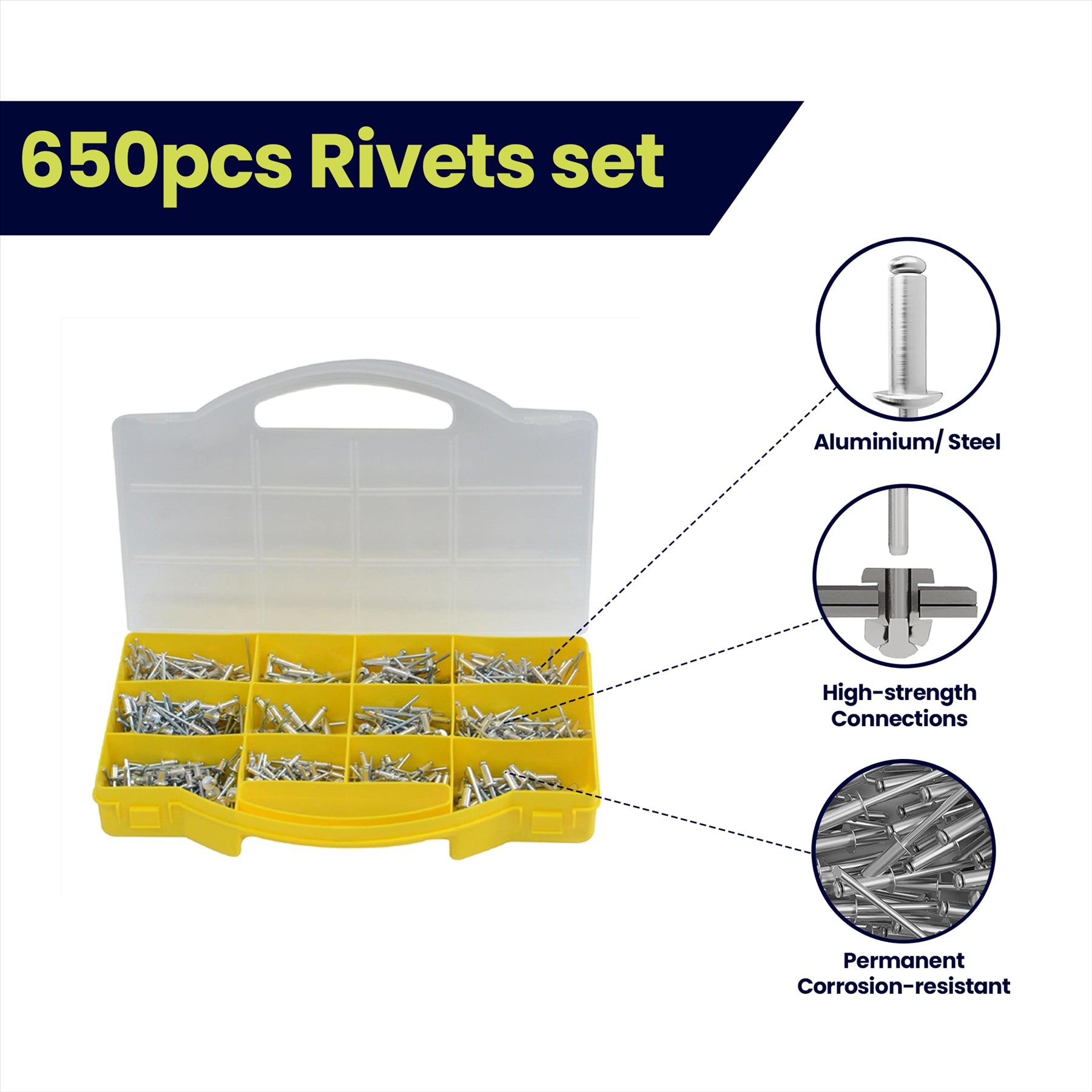 Air Hydraulic Rivet Gun Pop Riveter 3/16" 5/32" 1/8" 3/32" With 650pc Rivets