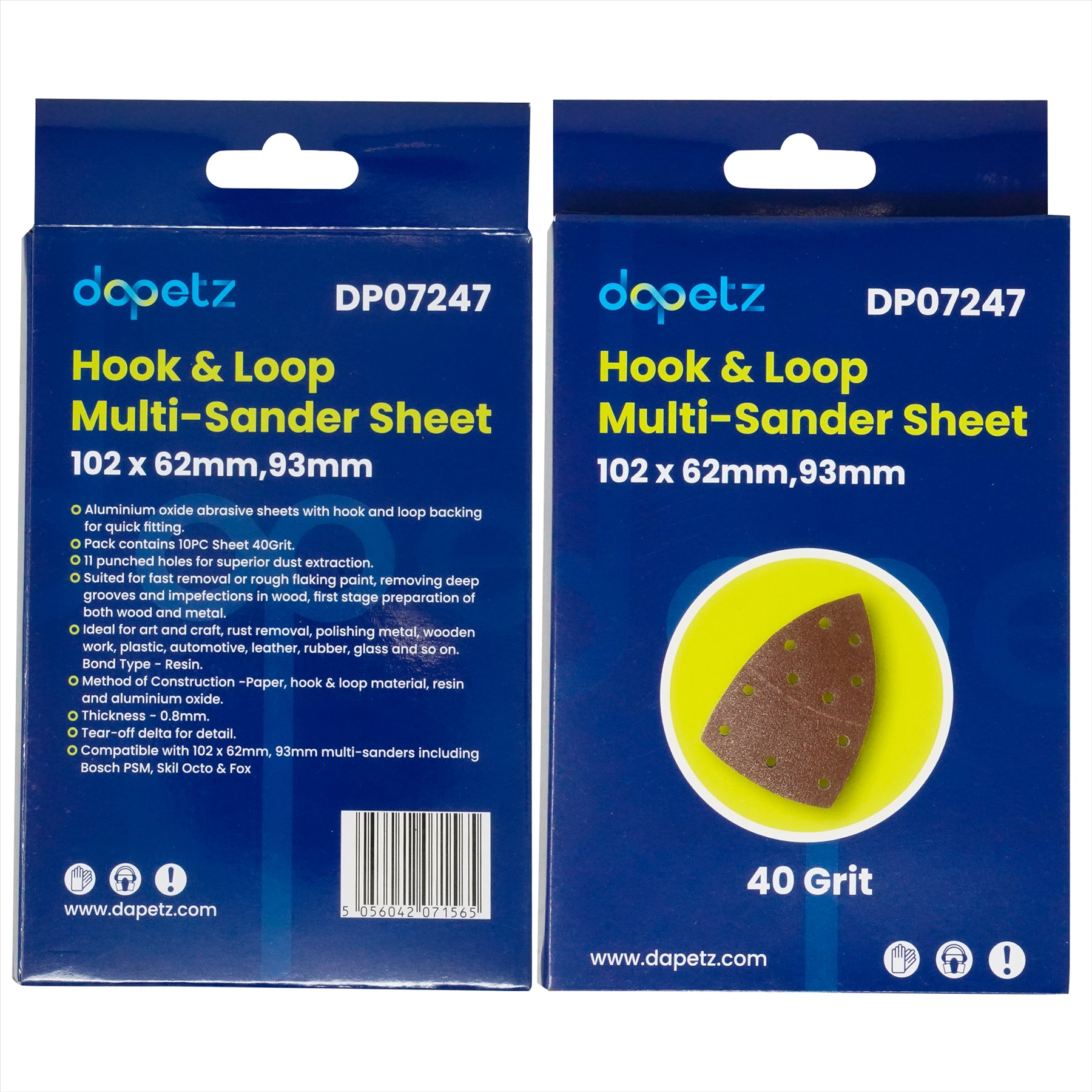 (Pack of 10) 40 Grit Hook & Loop Multi-Sander Sheets 102 x 62mm, 93mm, Punched Hole by Dapetz
