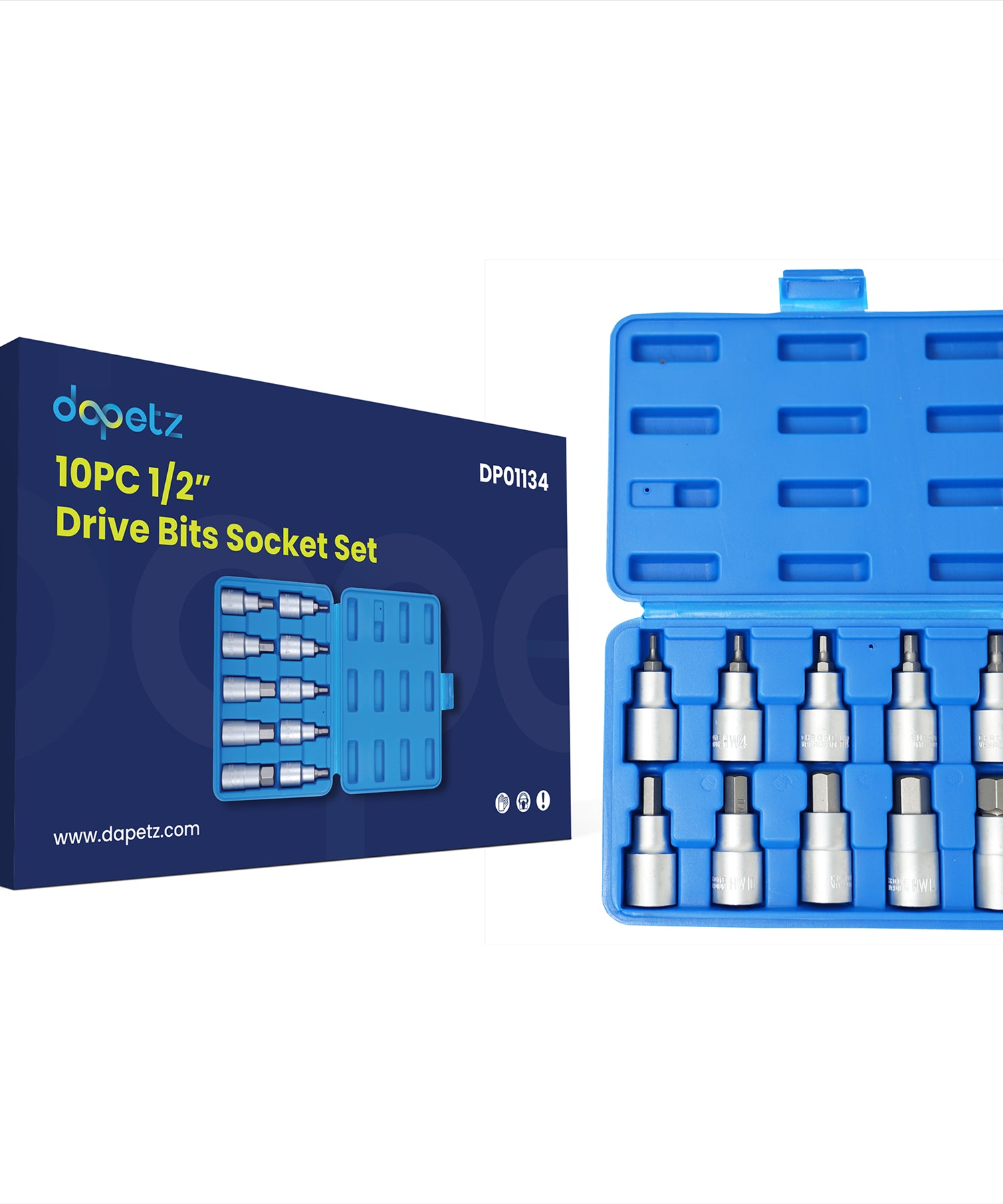 10PC Hex Allen Key Bit Socket Set 1/2" Drive, 4mm to 19mm | With Storage Case by Dapetz