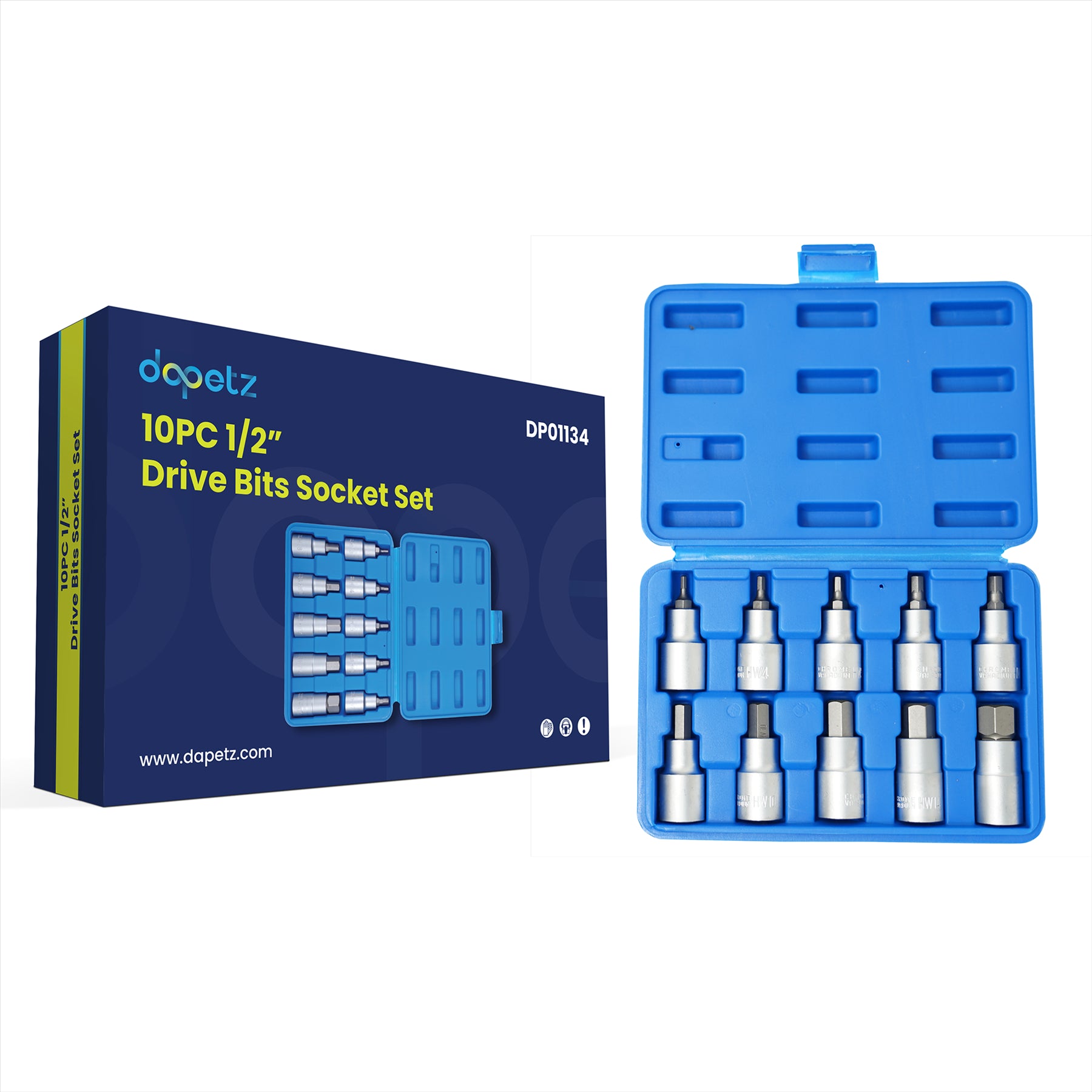 10PC Hex Allen Key Bit Socket Set 1/2" Drive, 4mm to 19mm | With Storage Case by Dapetz