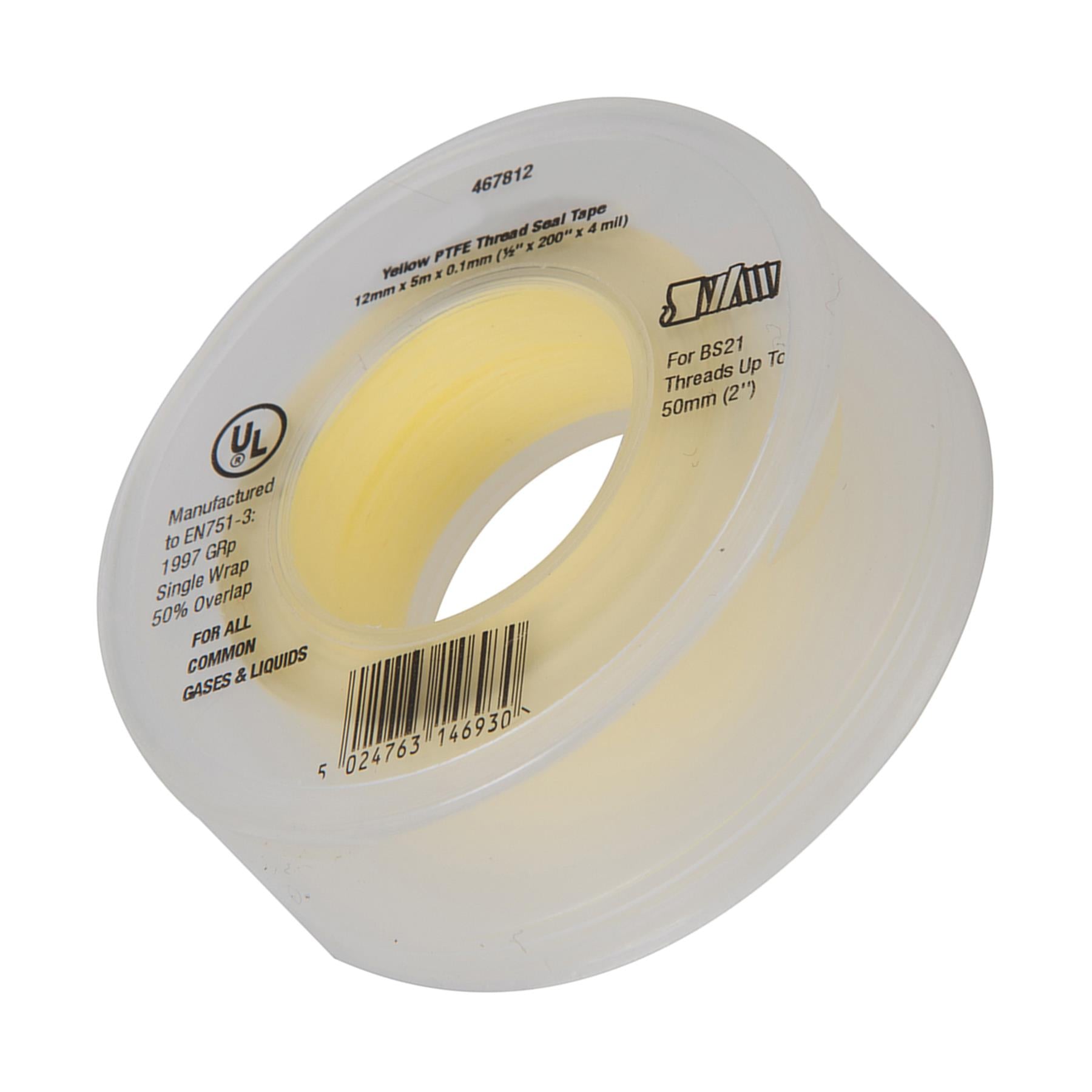 PTFE Gas Thread Seal Tape 12mm x 5m Yellow for LPG, Natural Gas 10 Pack By Dapetz