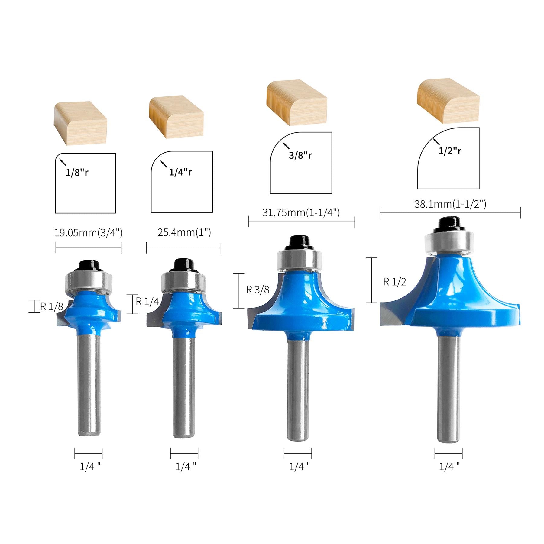 1/4" Shank Round Over Router Bit Set – 4Pc Woodworking Cutter