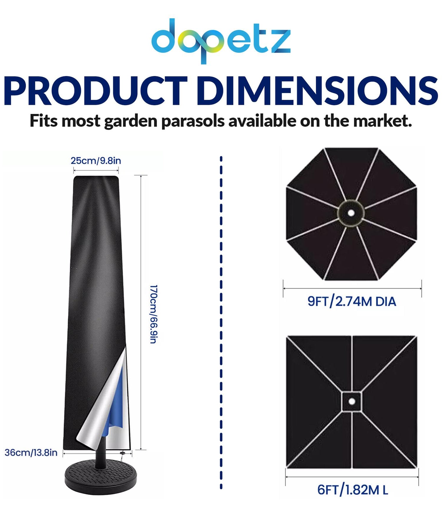 Dapetz Parasol Umbrella Cover, Water Repellent, Windproof Garden Outdoor Cover - Black