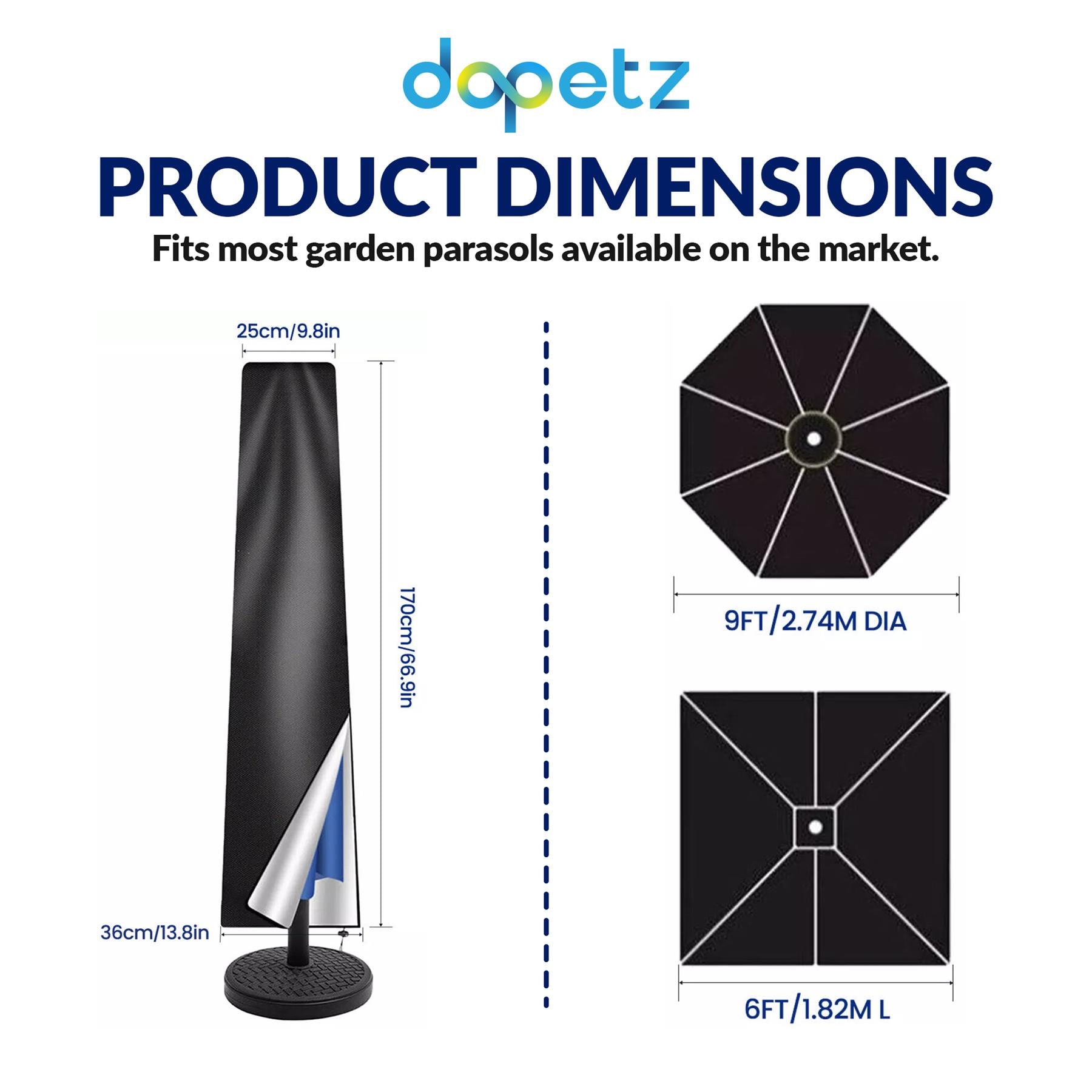 Dapetz Parasol Umbrella Cover, Water Repellent, Windproof Garden Outdoor Cover - Black