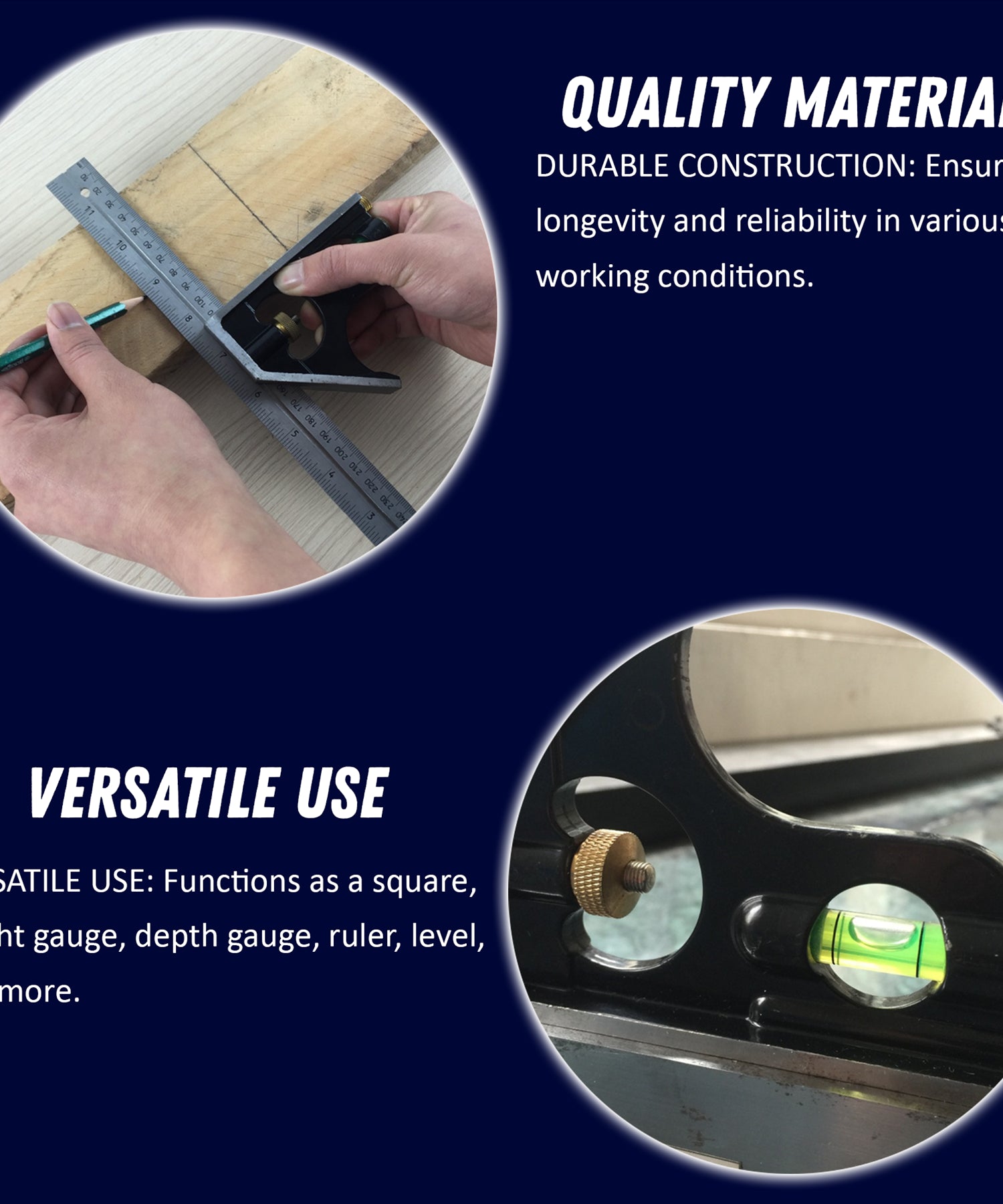 Combination Square Stainless Steel Spirit 6" Level Measuring Tool Tempered By Dapetz