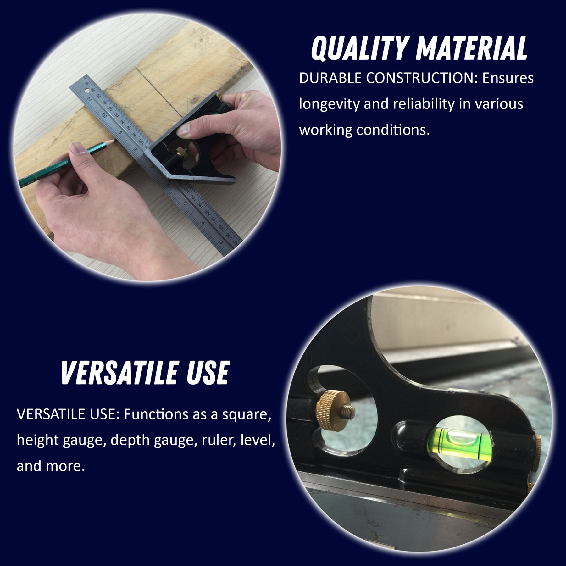 Combination Square Stainless Steel Spirit 6" Level Measuring Tool Tempered By Dapetz