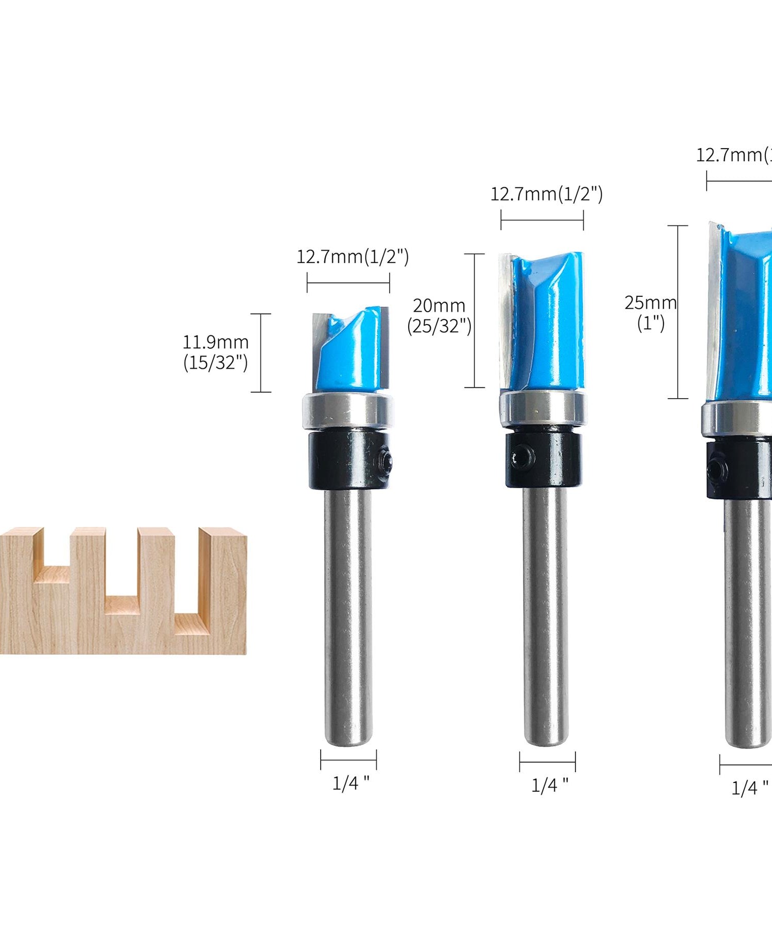 1/4'' Shank Flush Trim Router Bit Set – 3Pc Pattern Milling Cutter