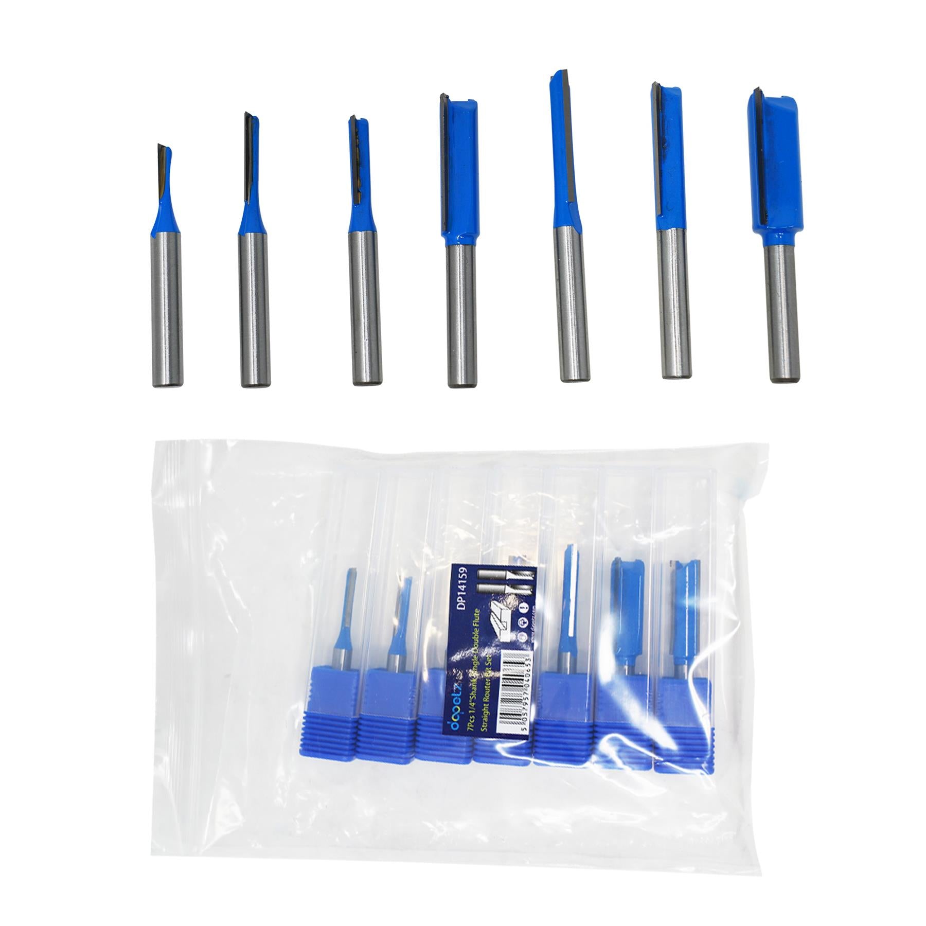 7Pcs Single Double Flute Straight Router Bit Set 1/4" Shank Woodworking Grove