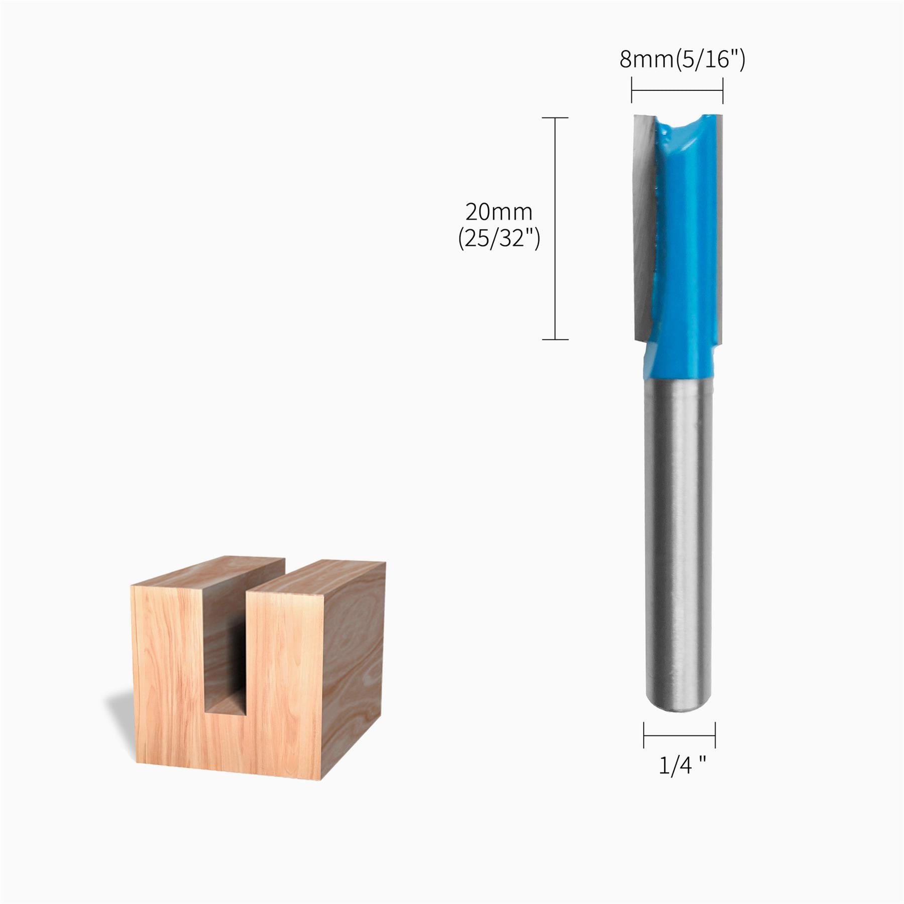Straight 2 Flute Router Bit Cutter 1/4" Shank Carbide TCT Groove Metric 8 x 20mm