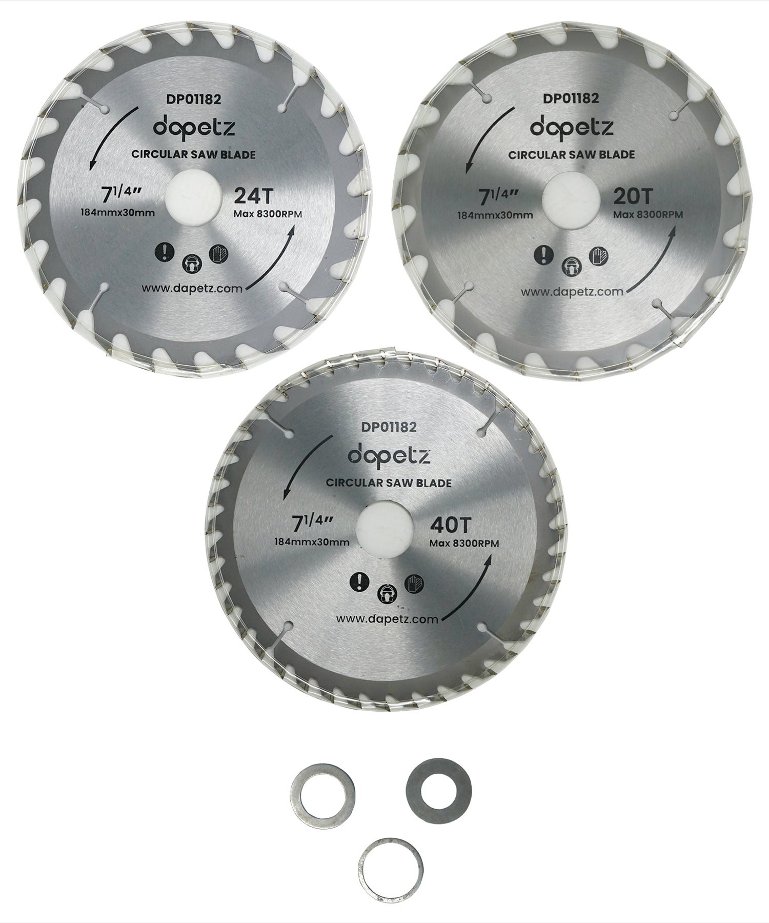 3Pc 184mm TCT Circular Saw Blades 20, 24 & 40 Teeth With Adapter O Rings 185mm