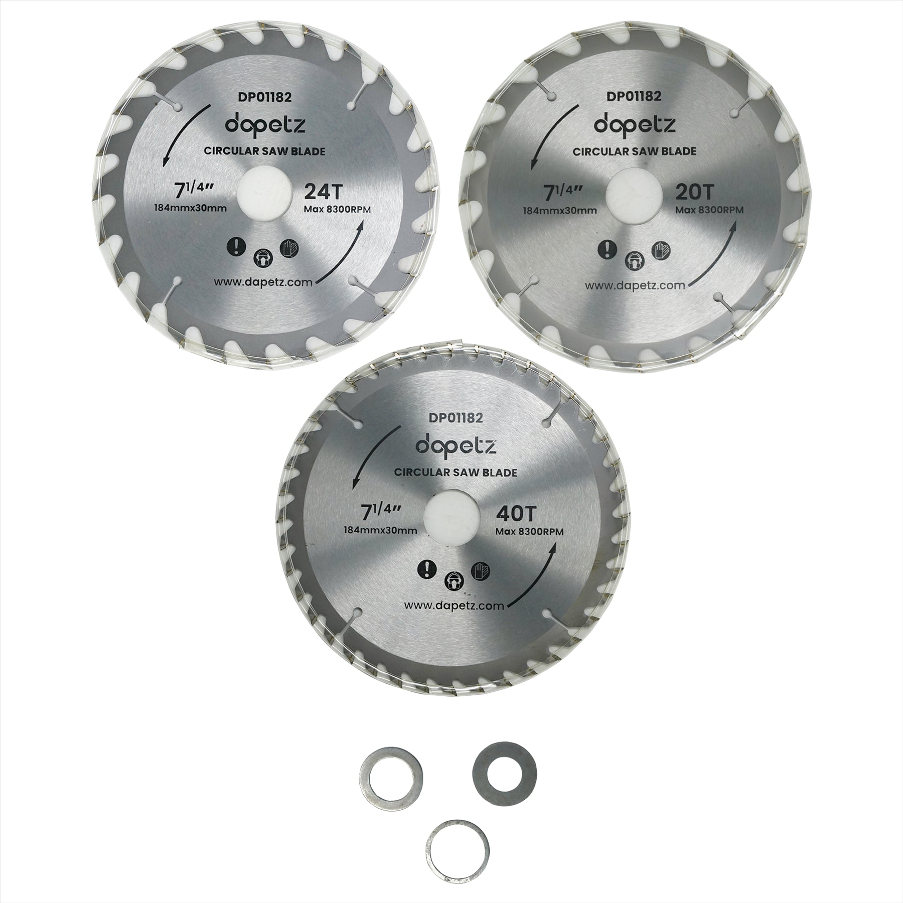 3Pc 184mm TCT Circular Saw Blades 20, 24 & 40 Teeth With Adapter O Rings 185mm