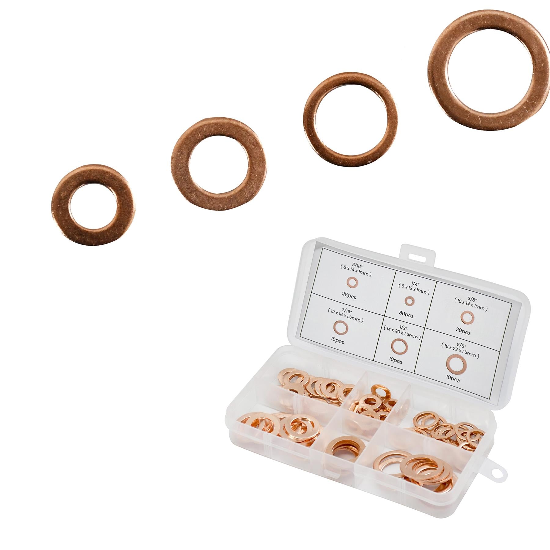 Assorted Box 110 Piece Imperial Washers Solid Copper Sump Plug Washer Set New By Dapetz