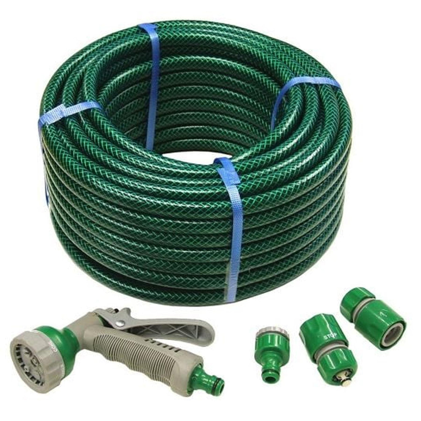 30M Garden Hose Pipe Reinforced PVC Watering Hosepipe + Spray Gun Set Green