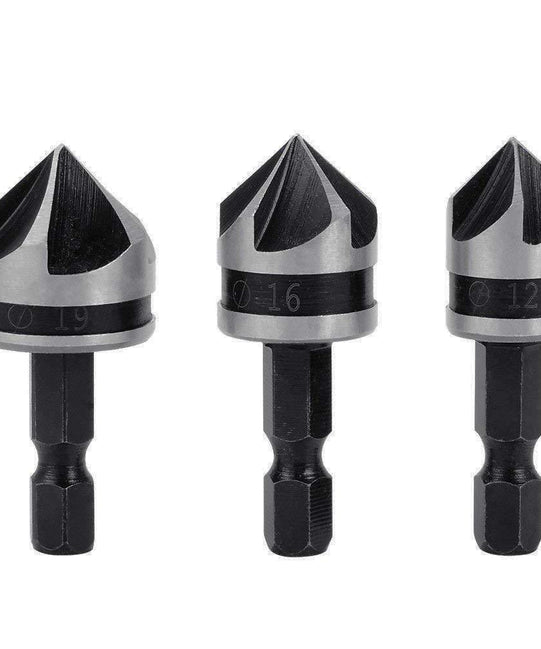 3PCS COUNTERSINK DRILL BIT SET DEBURRING METAL WOOD PLASTIC 12/16/19mm Hex Shank