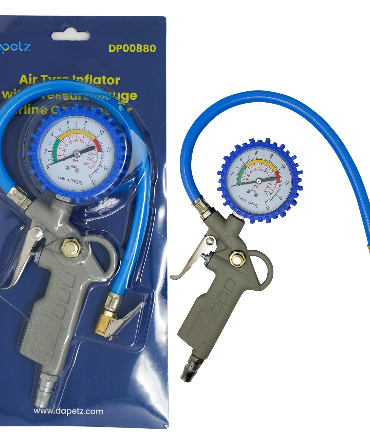 Tyre Air Inflator and Pressure Gauge Gun For Use With Air Compressor Car Van