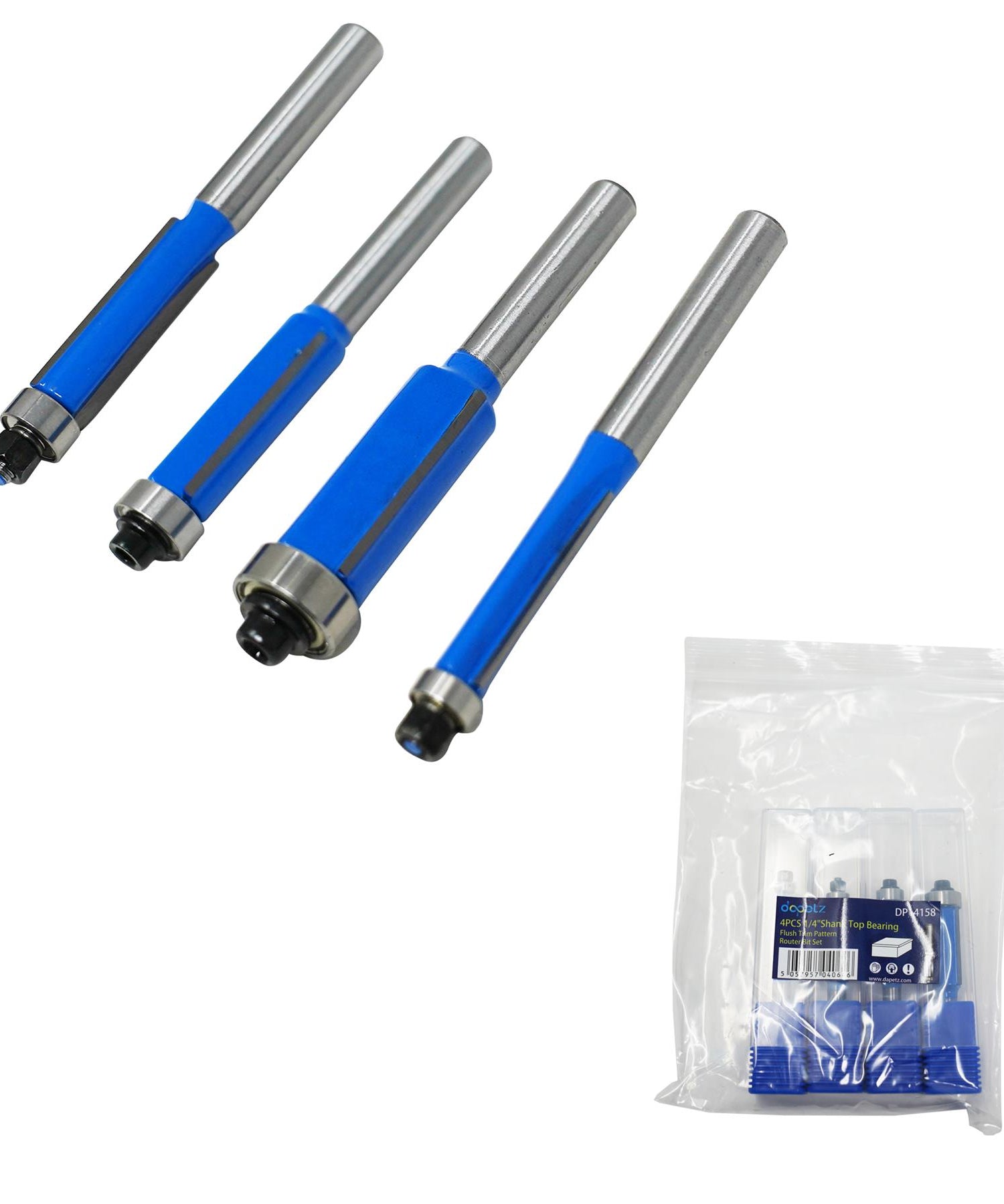 4Pc Flush Trim Router Bit Set Bottom Bearing Pattern Milling Cutter 1/4" Shank