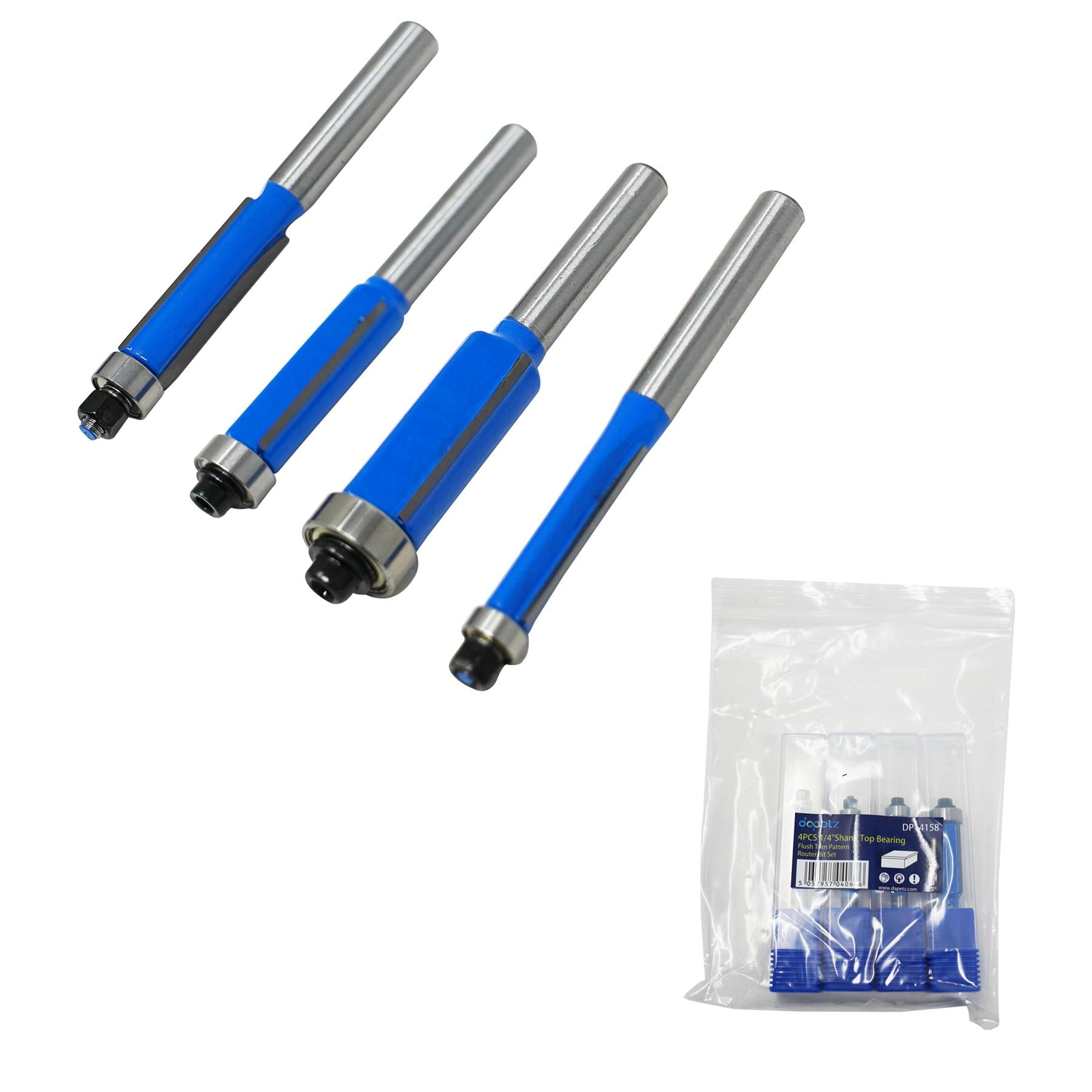 4Pc Flush Trim Router Bit Set Bottom Bearing Pattern Milling Cutter 1/4" Shank